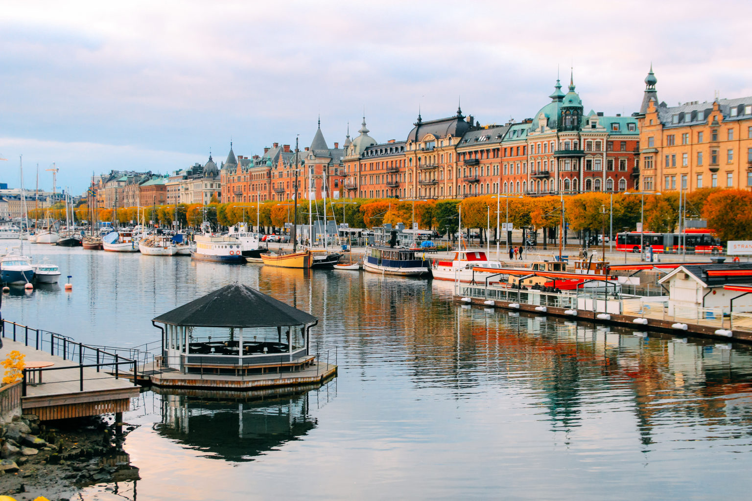 The Djurgardsbrunnsviken bay in Stockholm during the evening seen from Djurgarden bridge.