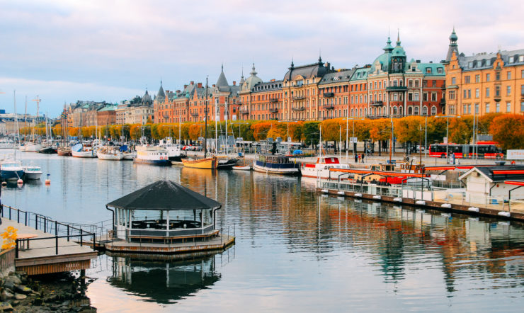 The Djurgardsbrunnsviken bay in Stockholm during the evening seen from Djurgarden bridge.