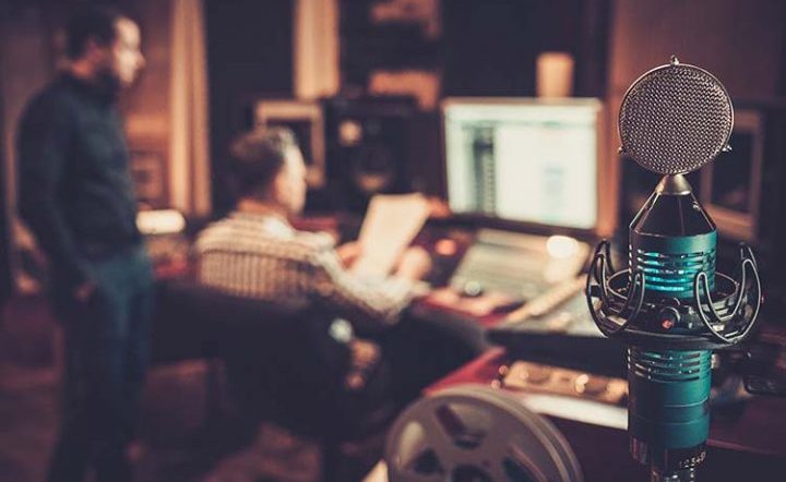 microphone with a studio in the background