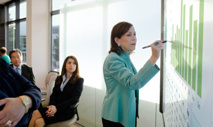 CFO going over numbers in a meeting using the Surface Hub. Business attire
