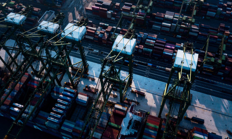 Top view of cranes and containers
