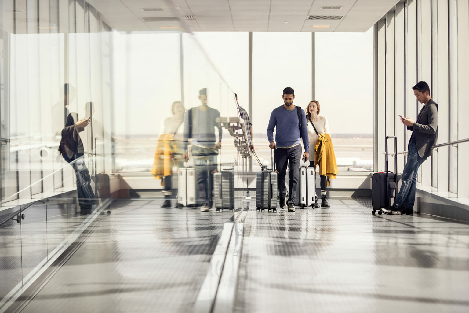 Enterprise team achieving in airport during business travel and mobility.