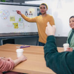 Person A, B, C, D together in the Conference Room, using Whiteboarding in a Teams meeting on Together mode on a Yealink Ideation Board.