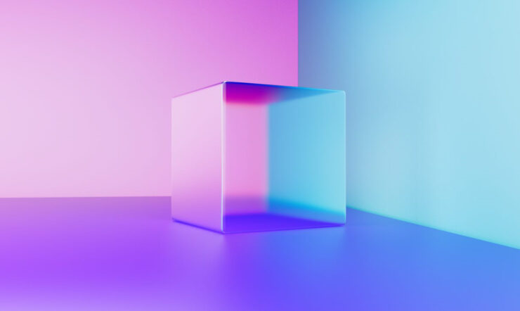 Pink and blue background with a pink and blue 3D Cube