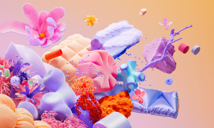 pastel orange and pink background with colorful sea world objects in different colors
