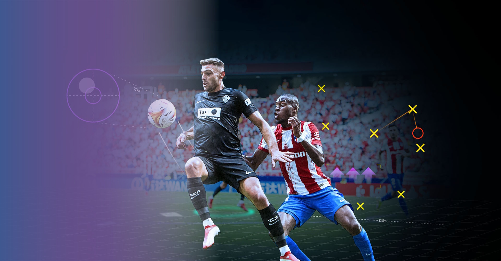 Two male football players playing football