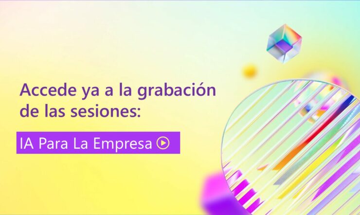 Imagen cuadrada de fondo amarillo con figuras representativas del AI Tour con la siguiente descripción: Accede ya a la grabación de las sesiones: IA Para La Empresa