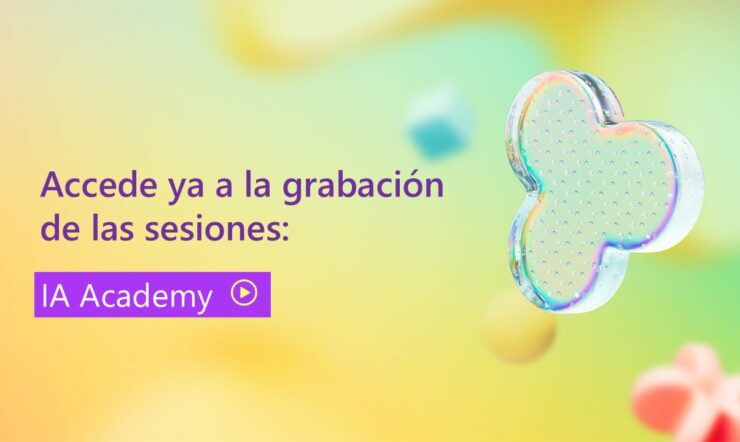 Imagen representativa del evento AI Tour de fondo amarillo con imagenes redondas con colores llamativos con la siguiente descripción. Accede ya a la grabación de las sesiones: IA Academy.