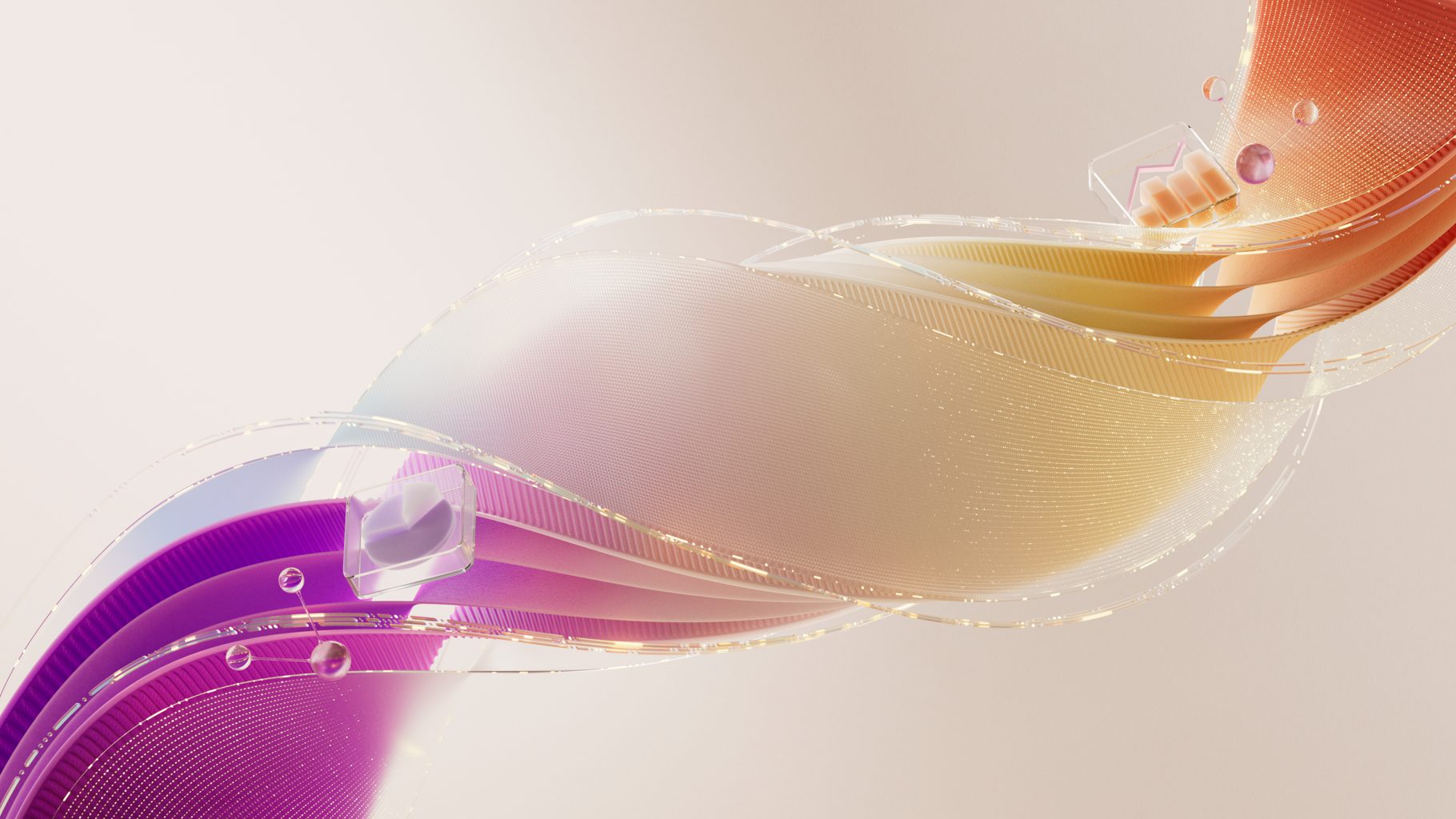 Abstrakta, flödande former i lila och orange mot ljus bakgrund.