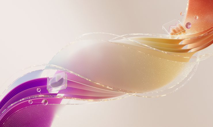 Abstrakta, flödande former i lila och orange mot ljus bakgrund.