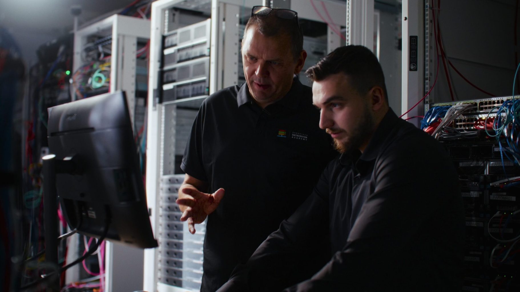 Två personer arbetar tillsammans framför en datorskärm i ett serverrum. Runt dem syns serverrack, nätverksutrustning och färgkodade kablar. Bilden är mörkt belyst med fokus på personerna och den tekniska miljön, vilket framhäver arbete med IT-infrastruktur och drift.